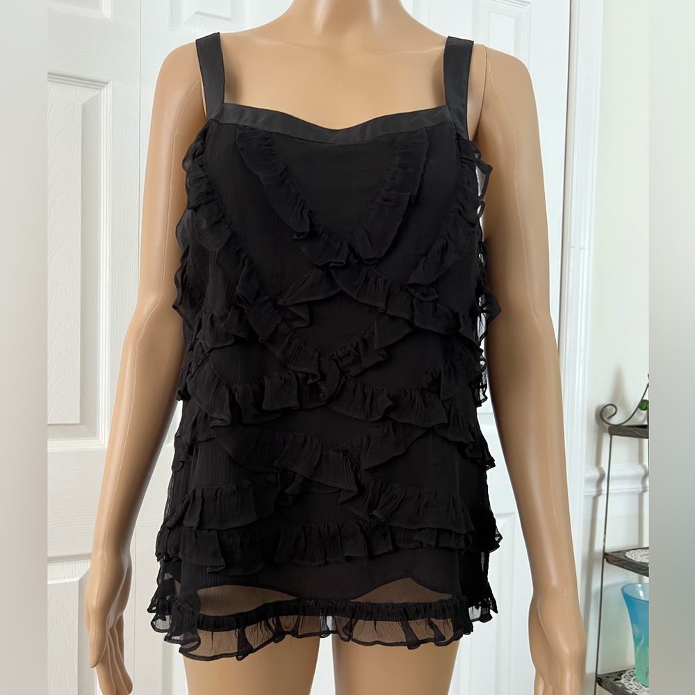 CYNTHIA ROWLEY RUFFLED SQUARE NECK TANK SIZE L.  Dark Black.